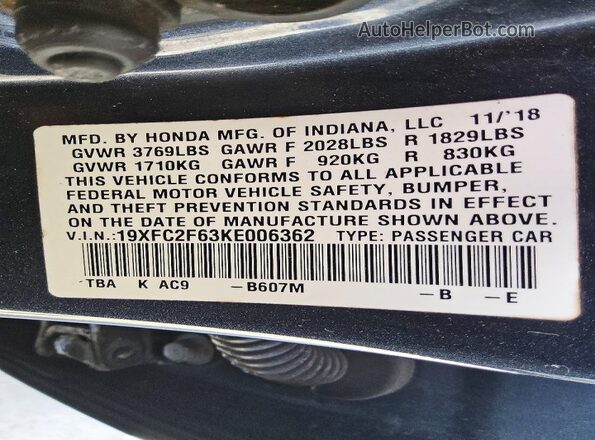 19XFC2F63KE006362 2019 HONDA CIVIC Blue Vista del compartimento del motor