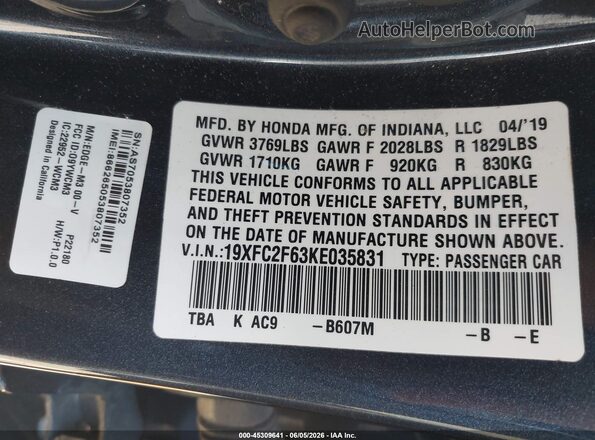 19XFC2F63KE035831 2019 HONDA CIVIC Серый Вид подкапотного пространства