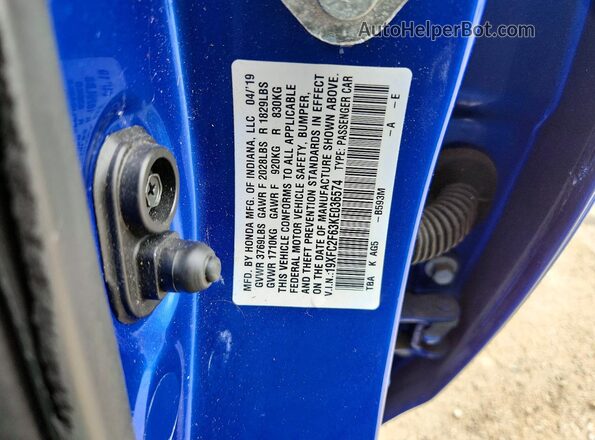 19XFC2F63KE036574 2019 HONDA CIVIC Blue Vista del compartimento del motor