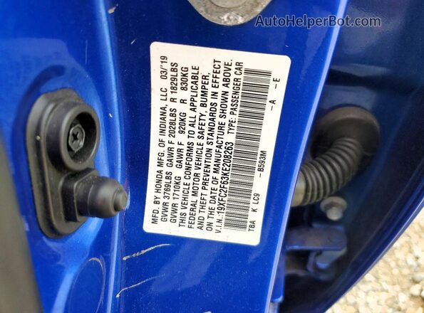 19XFC2F63KE208263 2019 HONDA CIVIC Blue 
