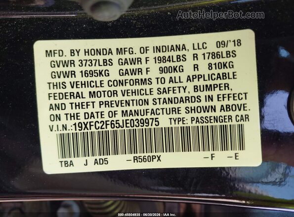 19XFC2F65JE039975 2018 HONDA CIVIC Black Widok komory silnika