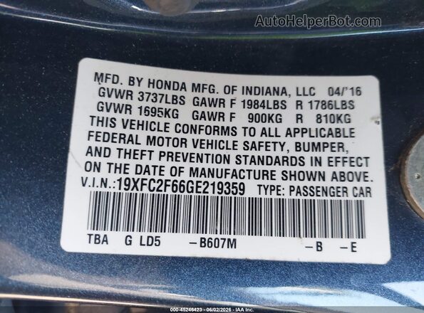 19XFC2F66GE219359 2016 HONDA CIVIC Blue 