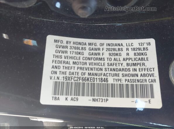 19XFC2F66KE011846 2019 HONDA CIVIC Black Engine compartment view