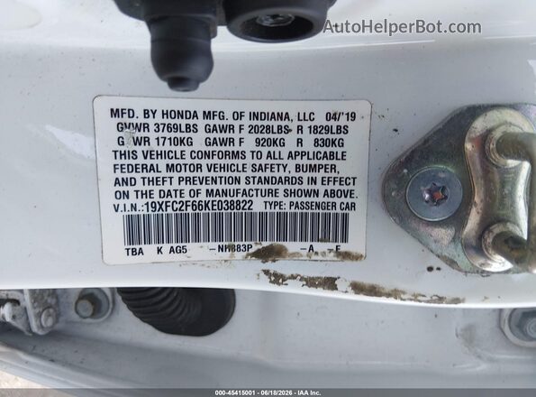 19XFC2F66KE038822 2019 HONDA CIVIC White Вид підкапотного простору