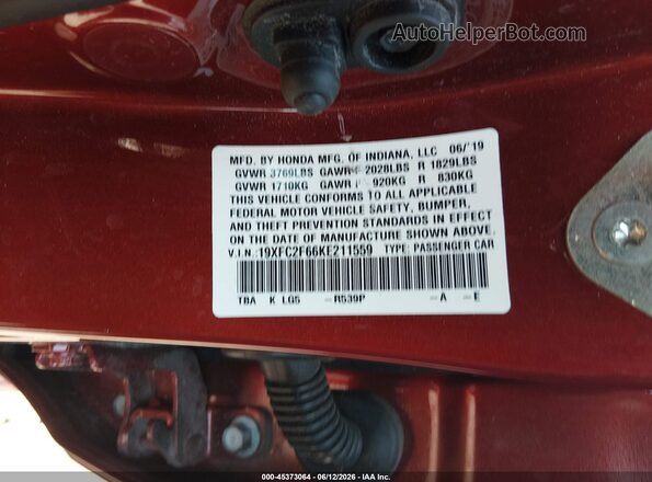 19XFC2F66KE211559 2019 HONDA CIVIC Red ძრავის განყოფილების ხედი