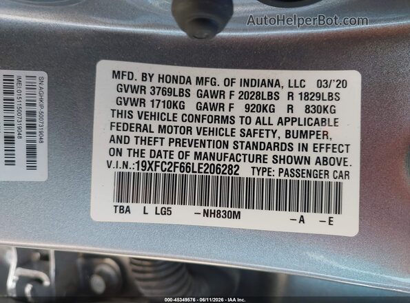 19XFC2F66LE206282 2020 HONDA CIVIC Silver Շարժիչի բաժամունքի տեսք