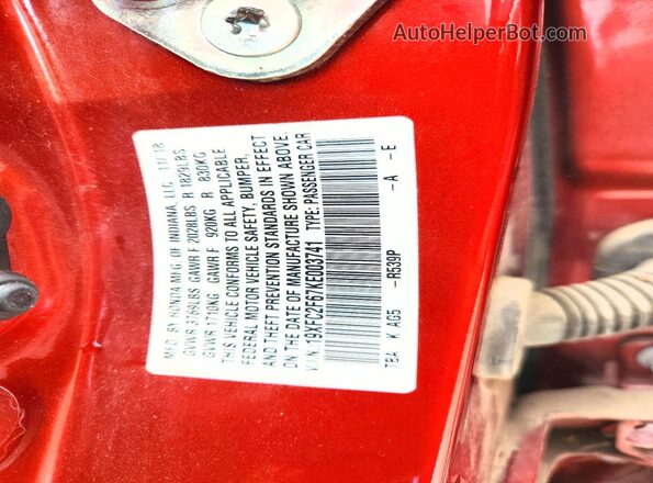 19XFC2F67KE003741 2019 HONDA CIVIC Red Vista de la etiqueta del VIN