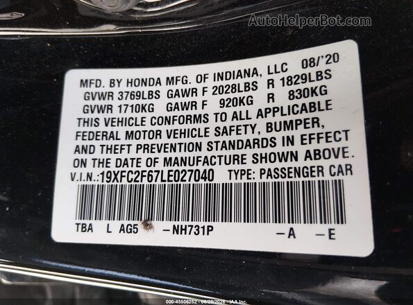 19XFC2F67LE027040 2020 HONDA CIVIC Black Vista del compartimento del motor