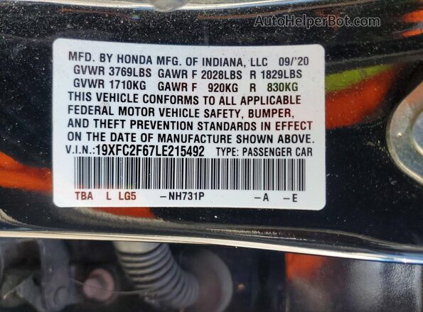 19XFC2F67LE215492 2020 HONDA CIVIC Black ძრავის განყოფილების ხედი