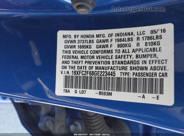 19XFC2F68GE223445 2016 HONDA CIVIC Blue Շարժիչի բաժամունքի տեսք