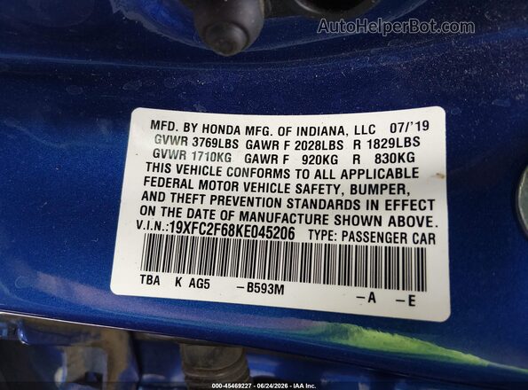 19XFC2F68KE045206 2019 HONDA CIVIC Blue Widok komory silnika