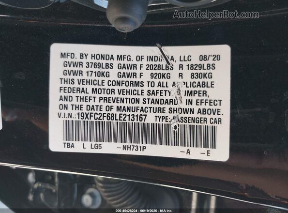 19XFC2F68LE213167 2020 HONDA CIVIC Black Engine compartment view