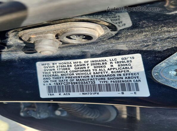 19XFC2F69KE034733 2019 HONDA CIVIC Black Widok naklejki z numerem VIN
