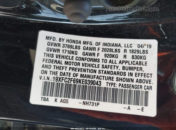 19XFC2F69KE039043 2019 HONDA CIVIC Black Вид підкапотного простору