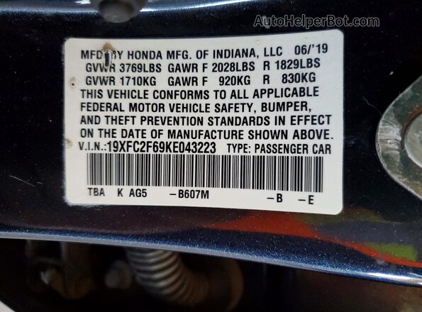 19XFC2F69KE043223 2019 HONDA CIVIC Blue Vista de la etiqueta del VIN