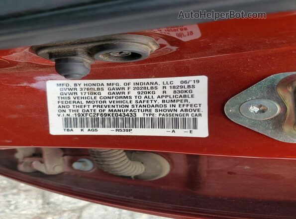 19XFC2F69KE043433 2019 HONDA CIVIC Красный Вид подкапотного пространства