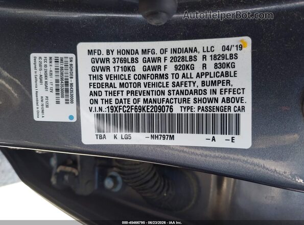 19XFC2F69KE209076 2019 HONDA CIVIC Gray Շարժիչի բաժամունքի տեսք