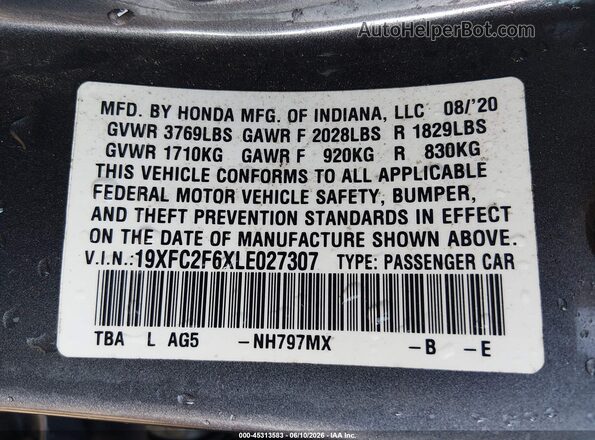 19XFC2F6XLE027307 2020 HONDA CIVIC Gray Widok komory silnika