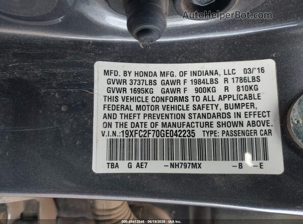 19XFC2F70GE042235 2016 HONDA CIVIC Серый Вид подкапотного пространства