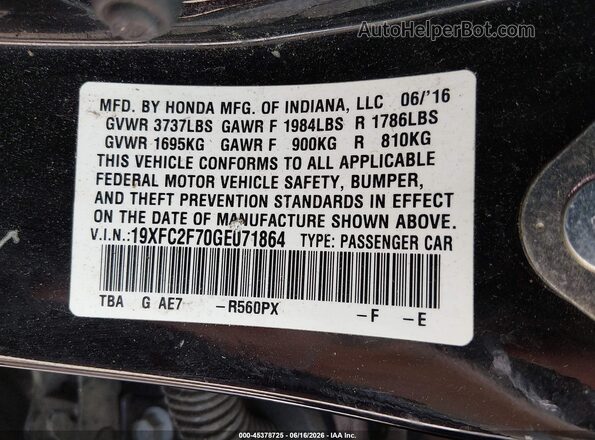 19XFC2F70GE071864 2016 HONDA CIVIC Black Вид підкапотного простору