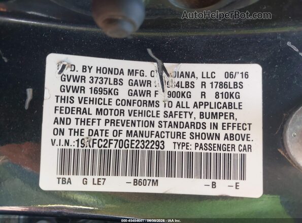 19XFC2F70GE232293 2016 HONDA CIVIC Gray Widok komory silnika