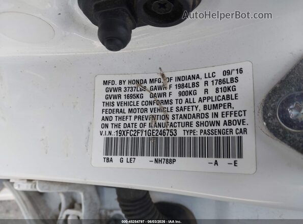 19XFC2F71GE246753 2016 HONDA CIVIC White ძრავის განყოფილების ხედი