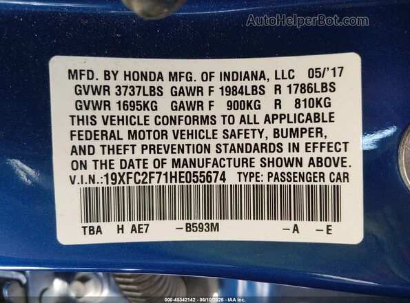 19XFC2F71HE055674 2017 HONDA CIVIC Blue ძრავის განყოფილების ხედი