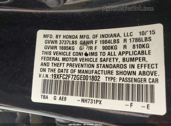 19XFC2F72GE001802 2016 HONDA CIVIC Black Widok komory silnika