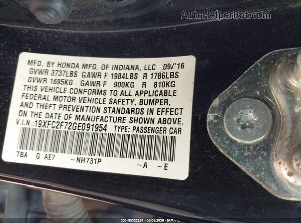 19XFC2F72GE091954 2016 HONDA CIVIC Black Շարժիչի բաժամունքի տեսք