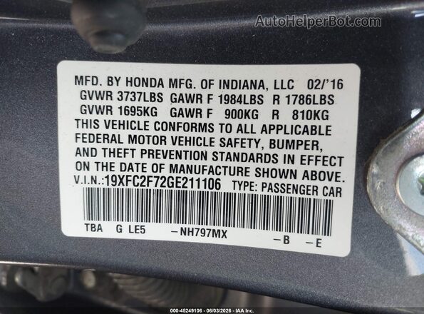 19XFC2F72GE211106 2016 HONDA CIVIC Gray Շարժիչի բաժամունքի տեսք