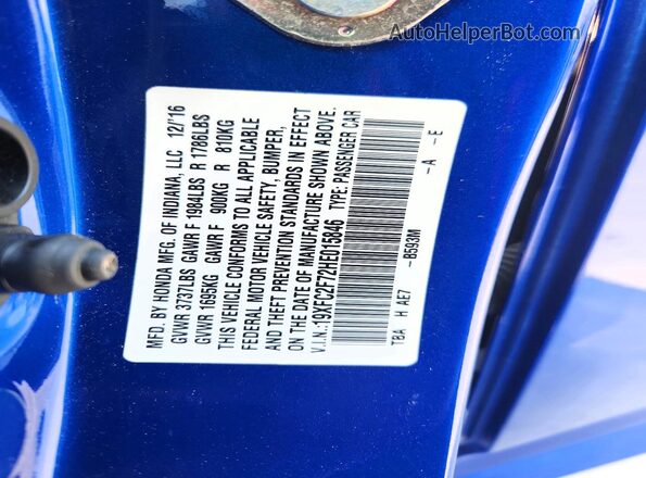 19XFC2F72HE015846 2017 HONDA CIVIC Blue Widok naklejki z numerem VIN