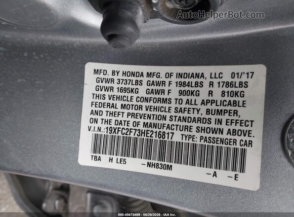 19XFC2F73HE216817 2017 HONDA CIVIC Silver Շարժիչի բաժամունքի տեսք