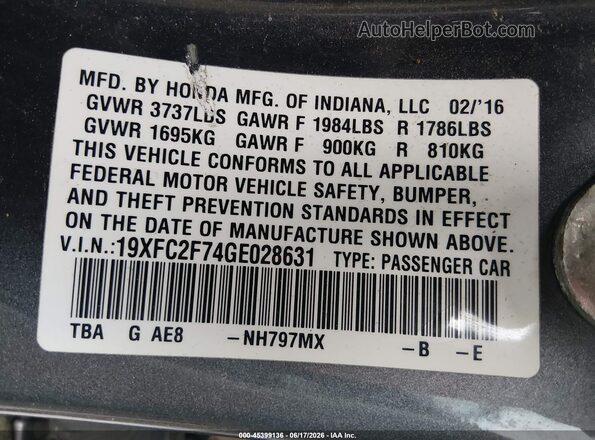 19XFC2F74GE028631 2016 HONDA CIVIC Gray Вид підкапотного простору