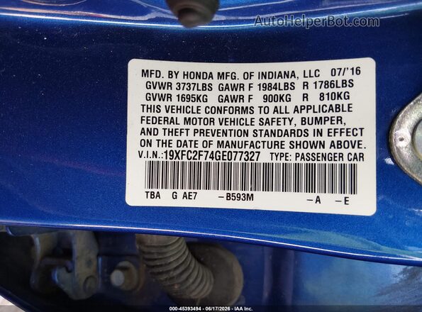 19XFC2F74GE077327 2016 HONDA CIVIC Blue Widok komory silnika