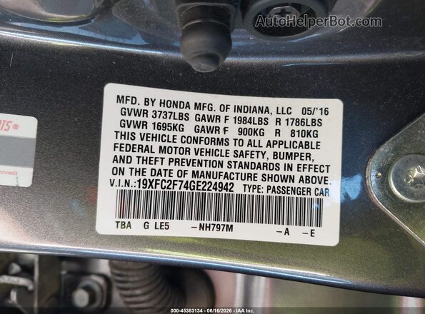 19XFC2F74GE224942 2016 HONDA CIVIC Gray Շարժիչի բաժամունքի տեսք