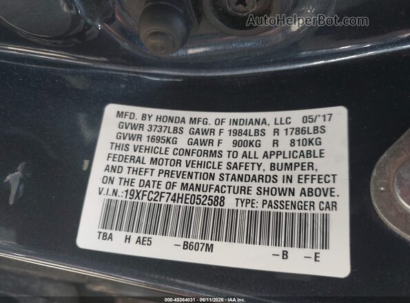 19XFC2F74HE052588 2017 HONDA CIVIC Gray Engine compartment view