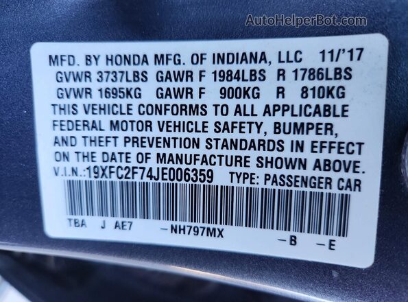 19XFC2F74JE006359 2018 HONDA CIVIC Gray Вид підкапотного простору