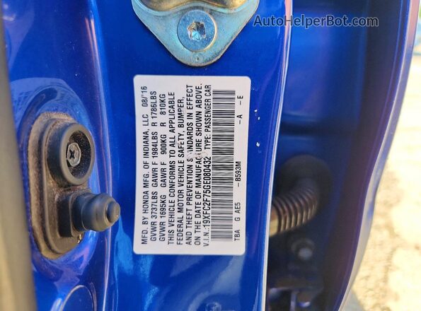 19XFC2F75GE080432 2016 HONDA CIVIC Blue Շարժիչի բաժամունքի տեսք