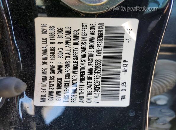 19XFC2F75GE208538 2016 HONDA CIVIC Black 