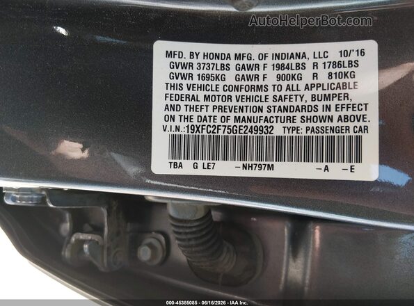 19XFC2F75GE249932 2016 HONDA CIVIC Gray Вид підкапотного простору