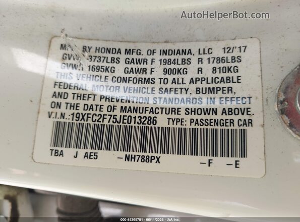 19XFC2F75JE013286 2018 HONDA CIVIC White Շարժիչի բաժամունքի տեսք
