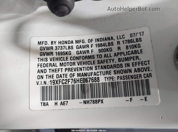 19XFC2F76HE067688 2017 HONDA CIVIC White Вид підкапотного простору