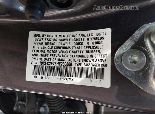 19XFC2F76HE230808 2017 HONDA CIVIC Серый Вид подкапотного пространства
