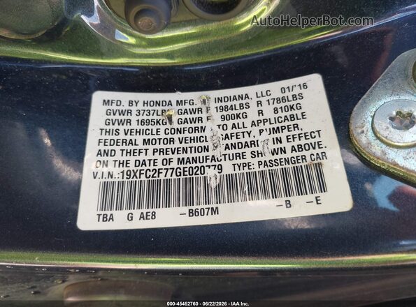 19XFC2F77GE020779 2016 HONDA CIVIC Blue Widok komory silnika