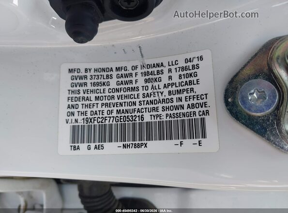 19XFC2F77GE053216 2016 HONDA CIVIC Белый Вид подкапотного пространства