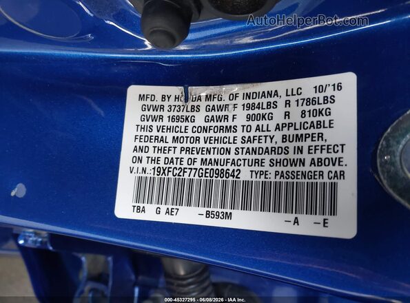 19XFC2F77GE098642 2016 HONDA CIVIC Blue Vista del compartimento del motor