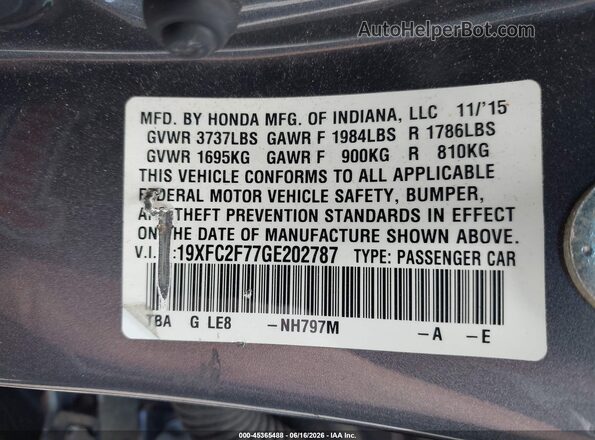 19XFC2F77GE202787 2016 HONDA CIVIC Gray Vista del compartimento del motor