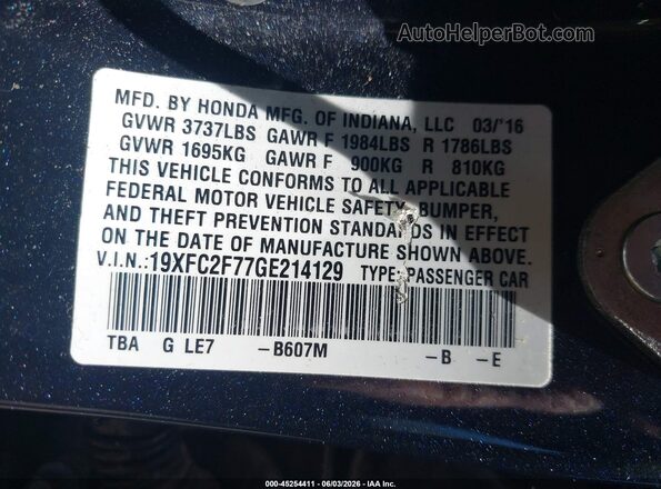 19XFC2F77GE214129 2016 HONDA CIVIC Blue 