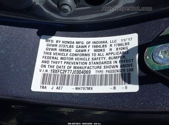 19XFC2F77JE004069 2018 HONDA CIVIC Gray Շարժիչի բաժամունքի տեսք