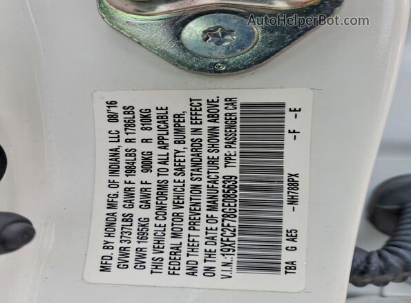 19XFC2F78GE085639 2016 HONDA CIVIC Белый Вид наклейки с VIN-кодом